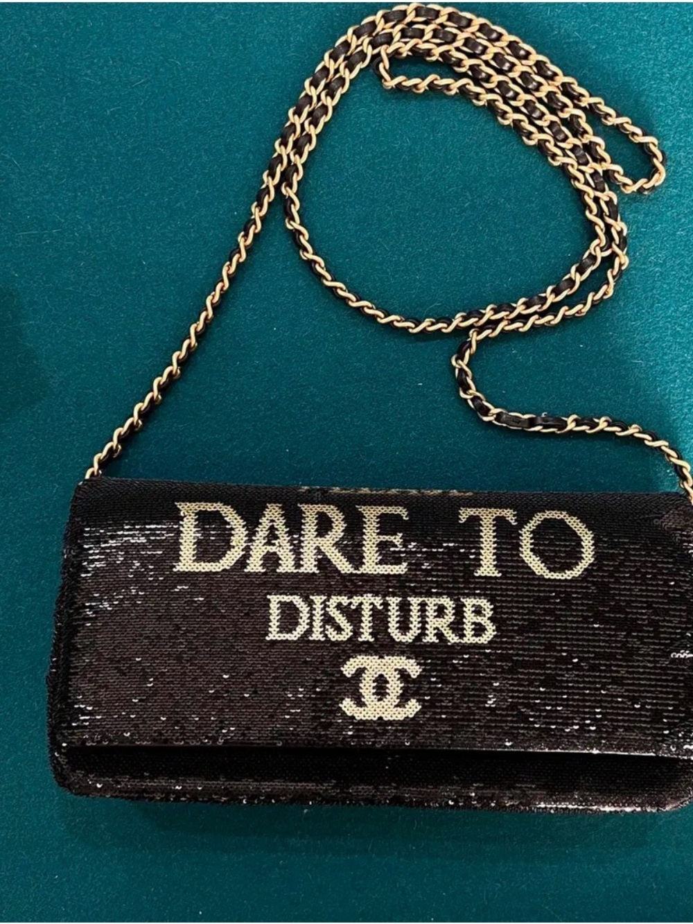 CHANEL Black Sequin "Dare to Disturb" Chain Wallet with Gold-Tone Chain